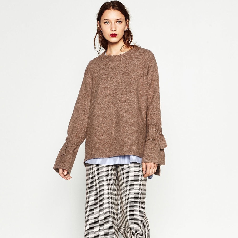 Zara Brown Tie Sleeve Crew neck Oversized Sweater